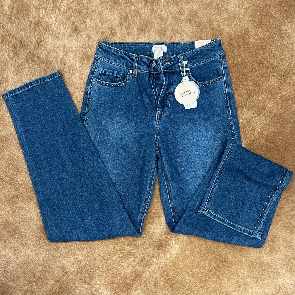 Camila Coelho Women’s Straight Leg Jeans in Medium Blue with Stud Detail